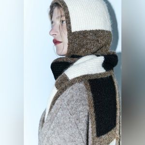 Rib Knit Color Block Hood Scarf (black/brown/white)